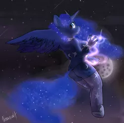 Size: 3779x3750 | Tagged: alicorn, anatomically incorrect, anthro, artist:venauva, breasts, busty princess luna, clothes, derpibooru import, female, flying, incorrect leg anatomy, looking at you, looking back, magic, moon, moonbutt, panties, princess luna, shoes, sky, smiling, socks, solo, solo female, space, spread wings, suggestive, thigh highs, thong, underwear, unguligrade anthro, wings