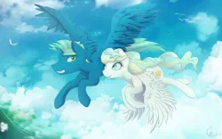Size: 1920x1200 | Tagged: safe, artist:laptop-pone, derpibooru import, sky stinger, vapor trail, bird, pony, cloud, female, flying, looking at each other, male, mare, shipping, signature, sky, smiling, spread wings, stallion, straight, vaporsky, wings