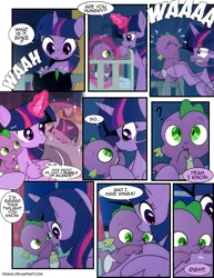 Size: 1275x1650 | Tagged: safe, artist:dsana, derpibooru import, spike, twilight sparkle, twilight sparkle (alicorn), alicorn, dragon, pony, comic:a moment in time, baby, baby spike, biting, blushing, comic, crying, cute, diaper, dsana is trying to murder us, female, filly, filly twilight sparkle, holding a dragon, magic, mama twilight, nom, self ponidox, spikabetes, time travel, wing bite, wing noms, younger