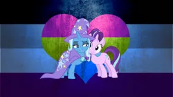 Size: 3000x1685 | Tagged: safe, artist:stjonal, artist:zero4byss, derpibooru import, edit, starlight glimmer, trixie, asexual, asexual pride flag, cape, clothes, female, flag, hat, heart, lesbian, lidded eyes, pansexual pride flag, pride, pride flag, shipping, side hug, startrix, trixie's cape, trixie's hat, vector, wallpaper, wallpaper edit