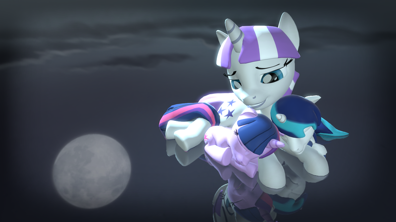 Size: 1920x1080 | Tagged: safe, artist:love-mist, derpibooru import, shining armor, twilight sparkle, twilight velvet, pony, 3d, cute, daaaaaaaaaaaw, female, full moon, male, moon, mother and daughter, mother and son, poster, reflection, sleep pile, source filmmaker