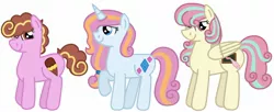 Size: 1962x797 | Tagged: safe, artist:kindheart525, derpibooru import, oc, oc:agape sherbet, oc:crystal quarters, oc:fondant kiss, unofficial characters only, earth pony, pegasus, pony, unicorn, kindverse, parent:pound cake, parent:princess flurry heart, parents:poundflurry