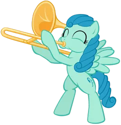 Size: 1024x1057 | Tagged: safe, artist:petraea, derpibooru import, oc, oc:symphony swirl, unofficial characters only, pegasus, pony, bipedal, female, mare, simple background, solo, transparent background, trombone