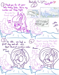 Size: 1280x1611 | Tagged: safe, artist:adorkabletwilightandfriends, derpibooru import, spike, starlight glimmer, twilight sparkle, twilight sparkle (alicorn), alicorn, dragon, orca, pony, unicorn, comic:adorkable twilight and friends, adorkable twilight, bed, blanket, blushing, car, comic, dialogue, floppy ears, lidded eyes, lineart, looking at each other, pillow, poster, seaddle, slice of life, smiling, wholesome