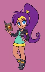 Size: 1257x2000 | Tagged: safe, artist:khuzang, derpibooru import, sunset shimmer, genie, equestria girls, book, boots, clothes, clothes swap, cute, dress, looking at you, shantae, shantae (character), shoes, simple background, smiling, solo