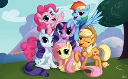 Size: 1800x1110 | Tagged: safe, artist:luminousdazzle, derpibooru import, applejack, fluttershy, pinkie pie, rainbow dash, rarity, twilight sparkle, pony, cowboy hat, freckles, hat, looking at you, mane six, mane six opening poses, one eye closed, open mouth, scene interpretation, sitting, stetson, wink