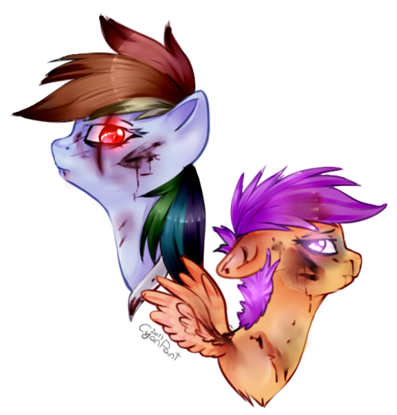 Size: 652x682 | Tagged: semi-grimdark, artist:wolfchen999, derpibooru import, rainbow dash, scootaloo, pegasus, pony, fanfic:rainbow factory, blood, female, filly, looking back, mare, rainbow factory dash, simple background, transparent background