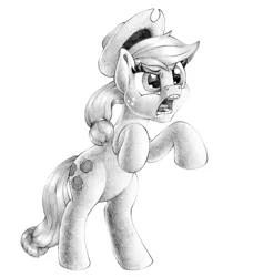 Size: 2248x2460 | Tagged: safe, artist:stallionslaughter, derpibooru import, applejack, earth pony, pony, female, mare, monochrome, rearing, screaming, solo, traditional art
