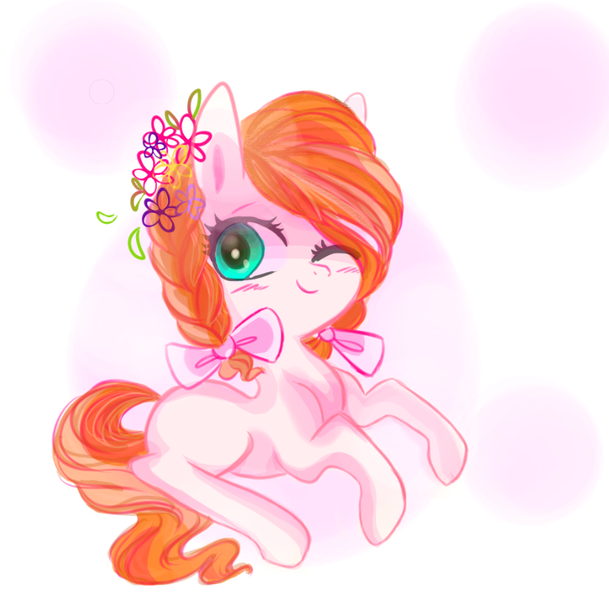 Size: 878x865 | Tagged: safe, artist:pinkablue, derpibooru import, oc, oc:flowering, unofficial characters only, pony, bowtie, braid, female, flower, flower in hair, solo