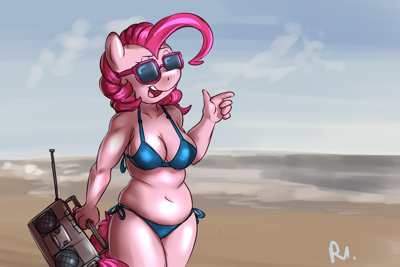 Size: 3000x2000 | Tagged: suggestive, artist:bluecoffeedog, derpibooru import, pinkie pie, anthro, earth pony, beach, belly, belly button, bikini, boombox, breasts, busty pinkie pie, chubby, clothes, fat, female, mare, ocean, plump, pudgy pie, radio, smiling, solo, solo female, sunglasses, swimsuit, water