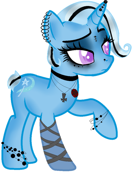 Size: 752x952 | Tagged: safe, artist:lovemypuppy22, derpibooru import, trixie, pony, unicorn, alternate hairstyle, choker, ear piercing, earring, eyeshadow, female, goth, horn piercing, jewelry, makeup, mare, necklace, nose piercing, nose ring, piercing, simple background, solo, white background, wristband