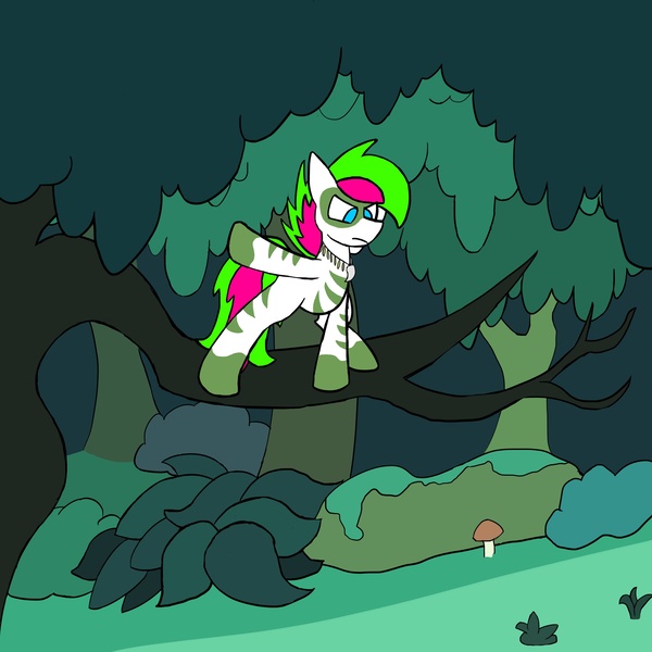 Size: 2000x2000 | Tagged: safe, artist:neonhuo, derpibooru import, oc, oc:neon streak, unofficial characters only, earth pony, pony, alternate timeline, atg 2017, bodypaint, chrysalis resistance timeline, forest, high res, male, mushroom, newbie artist training grounds, river, solo, stallion, tree