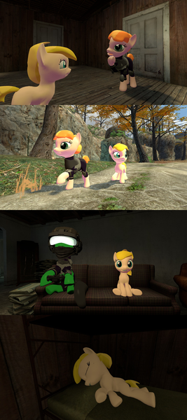 Size: 1920x4320 | Tagged: safe, artist:soad24k, derpibooru import, oc, oc:chipper leaf, oc:copper, oc:green, unofficial characters only, earth pony, pony, 3d, controller, cyoa, cyoa:filly adventure, female, filly, gmod