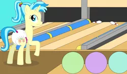 Size: 1280x746 | Tagged: suggestive, artist:diaperdude, derpibooru import, allie way, pony, bowling alley, bowling ball, diaper, diaper fetish, fetish, solo