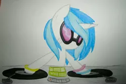 Size: 3368x2237 | Tagged: safe, artist:beetrue, derpibooru import, vinyl scratch, pony, high res, solo, traditional art, turntable