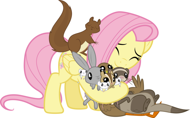 Size: 7230x4492 | Tagged: safe, artist:timeymarey007, derpibooru import, fluttershy, chipmunk, duck, ferret, mouse, pegasus, pony, rabbit, squirrel, the hooffields and mccolts, .svg available, absurd resolution, animal, cute, female, hug, mare, shyabetes, simple background, transparent background, vector