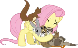 Size: 7230x4492 | Tagged: safe, artist:timeymarey007, derpibooru import, fluttershy, chipmunk, duck, ferret, mouse, pegasus, pony, rabbit, squirrel, the hooffields and mccolts, .svg available, absurd resolution, animal, cute, female, hug, mare, shyabetes, simple background, transparent background, vector