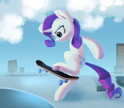 Size: 2700x2355 | Tagged: safe, artist:php69, derpibooru import, rarity, pony, unicorn, building, cloud, female, mare, midair, skateboard, skateboarding, sky, solo, underhoof