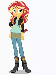 Size: 1536x2048 | Tagged: safe, artist:limedazzle, derpibooru import, sunset shimmer, equestria girls, boots, clothes, female, hand on hip, high heel boots, jacket, leather jacket, shoes, simple background, solo, vector, white background