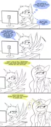 Size: 1600x4000 | Tagged: safe, artist:dangercloseart, derpibooru import, princess celestia, oc, oc:danger close, pony, absurd resolution, blushing, comic, computer, desk, drink, partial color, spread wings, style emulation, wingboner, wings