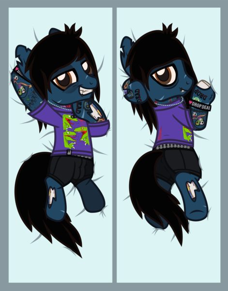 Size: 1569x1997 | Tagged: questionable, alternate version, artist:lightningbolt, derpibooru import, ponified, ponified:oliver sykes, earth pony, pony, undead, zombie, zombie pony, .svg available, bags under eyes, balls, bedroom eyes, blood, bloodshot eyes, body pillow, body pillow design, bone, boxers, bring me the horizon, clothes, colored pupils, crotch bulge, drop dead clothing, fangs, grin, hair over one eye, hoof under chin, hooves behind head, implied shipping, jewelry, lip piercing, looking at you, male, necklace, nudity, on back, peeling flesh, piercing, plot, presenting, prone, rainbow blood, scar, shirt, smiling, solo, solo male, stallion, stitches, sultry pose, svg, t-shirt, tattoo, torn ear, underwear, vector, wristband