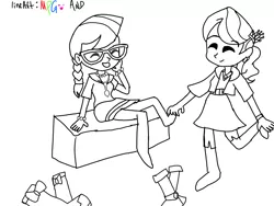 Size: 1024x768 | Tagged: safe, artist:sanjixxzoro, derpibooru import, diamond tiara, silver spoon, equestria girls, adorabullies, boots, bracelet, braid, clothes, compression shorts, cute, duo, eyes closed, feet, glasses, jewelry, necklace, shoes, sketch, skirt, tickling