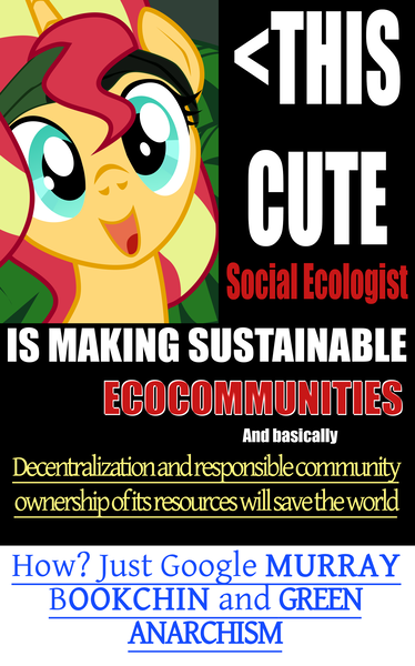 Size: 1800x2888 | Tagged: safe, artist:aaronmk, derpibooru import, sunset shimmer, pony, unicorn, anarchism, anarchy, clickbait, cute, female, green anarchism, happy, looking at you, mare, murray bookchin, open mouth, shimmerbetes, smiling, solo, text, vector, wat