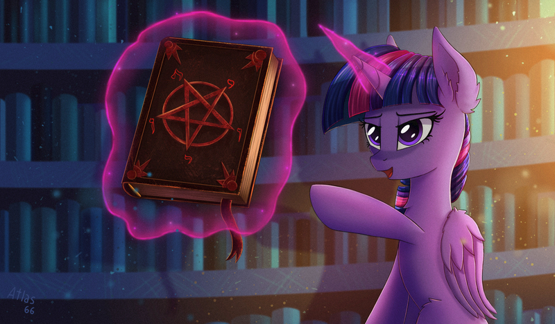 Size: 2121x1240 | Tagged: safe, artist:atlas-66, derpibooru import, twilight sparkle, twilight sparkle (alicorn), alicorn, pony, book, dark magic, ear fluff, female, leg fluff, levitation, magic, mare, open mouth, pentagram, pointing, solo, spellbook, telekinesis, this will not end well, twilight's castle, wing fluff