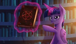 Size: 2121x1240 | Tagged: safe, artist:atlas-66, derpibooru import, twilight sparkle, twilight sparkle (alicorn), alicorn, pony, book, dark magic, ear fluff, female, leg fluff, levitation, magic, mare, open mouth, pentagram, pointing, solo, spellbook, telekinesis, this will not end well, twilight's castle, wing fluff