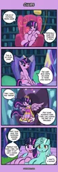 Size: 400x1180 | Tagged: safe, artist:lumineko, derpibooru import, lyra heartstrings, twilight sparkle, twilight sparkle (alicorn), alicorn, pony, unicorn, triple threat, 4koma, :o, chair, comic, dialogue, duo, looking at you, meme, open mouth, sitting, sitting lyra, smiling, spread wings, that pony sure does love chairs, wings