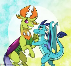 Size: 1024x952 | Tagged: safe, artist:inuhoshi-to-darkpen, derpibooru import, princess ember, thorax, changedling, changeling, dragon, triple threat, compound eyes, embrax, female, friendshipping, interspecies, king thorax, male, one eye closed, shipping, straight, wink