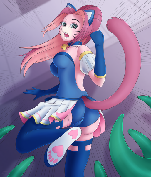 Size: 3600x4200 | Tagged: anthro, anthro oc, artist:askamberfawn, ass, barely pony related, breasts, cat ears, clothes, collar, derpibooru import, impending doom, i've seen enough hentai to know where this is going, magical girl, oc, oc:kendra heart, plantigrade anthro, skirt, skirt lift, socks, suggestive, superhero, tentacles, thigh highs, unofficial characters only, upskirt