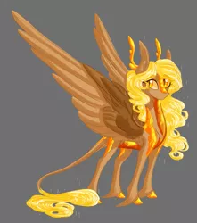 Size: 1505x1700 | Tagged: safe, artist:australian-senior, derpibooru import, oc, oc:delly invictus, unofficial characters only, alicorn, dracony, hybrid, kirin, pegasus, kirindos, alternate universe, antlers, colored hooves, curiosity core, golden eyes, gray background, image, leonine tail, png, portal, portal (valve), portal 2, scales, simple background, solo, unshorn fetlocks