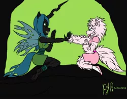 Size: 2162x1682 | Tagged: safe, artist:teamavalanchemember2, derpibooru import, queen chrysalis, oc, oc:fluffle puff, anthro, changeling, changeling queen, earth pony, plantigrade anthro, anthro oc, barefoot, breasts, canon x oc, chrysipuff, cute, cutealis, dork, dorkalis, feet, female, fluffy, happy, lesbian, playing, shipping, simple background