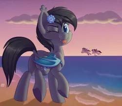 Size: 1230x1075 | Tagged: safe, artist:thegamblehorse, deleted from derpibooru, derpibooru import, oc, oc:seachell, unofficial characters only, bat pony, pony, bat pony oc, beach, butt, flying, looking at you, ocean, one eye closed, plot, sand, solo, solo focus, tongue out, underhoof, wink