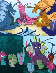 Size: 2550x3300 | Tagged: artist:feroxultrus, beach, cloven hooves, derpibooru import, family, fangs, father, fear, female, fins, foal, gem, hippocampus, laughing, male, merpony, mother and daughter, mother and son, oc, ocean, safe, scared, siren, siren oc, unofficial characters only
