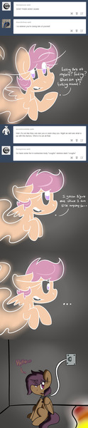 Size: 1024x4952 | Tagged: safe, artist:rosexknight, derpibooru import, scootaloo, pony, ask factory scootaloo, fanfic:rainbow factory, collar, comic, dog collar, ghostly scootaloo, leash, spectra