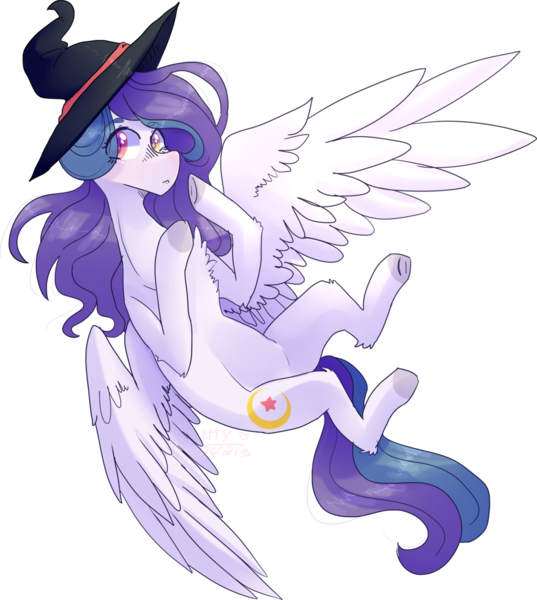 Size: 1024x1144 | Tagged: safe, artist:emily-826, derpibooru import, oc, oc:shylu, unofficial characters only, pegasus, pony, female, hat, heterochromia, mare, simple background, solo, transparent background, witch hat