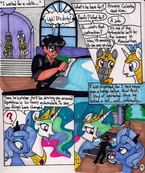 Size: 1394x1661 | Tagged: artist:newyorkx3, car, comic, comic:young days, derpibooru import, dialogue, human, oc, oc:tommy, princess celestia, princess luna, question mark, royal guard, s1 luna, safe, traditional art