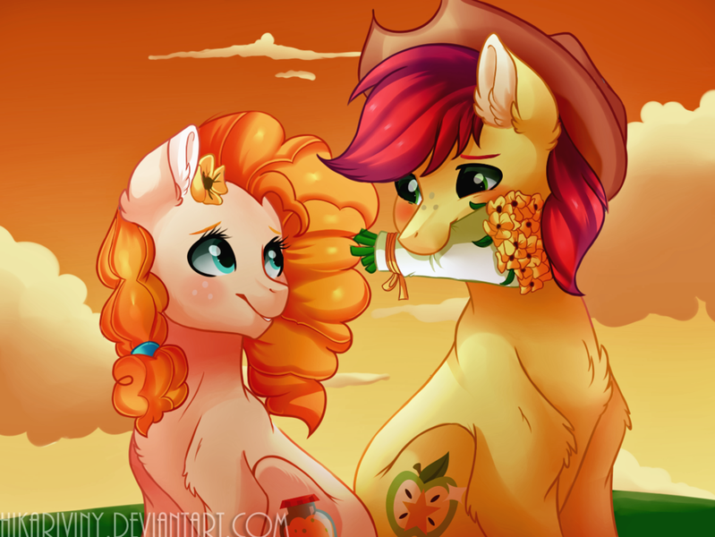 Size: 1024x769 | Tagged: safe, artist:hikariviny, derpibooru import, bright mac, pear butter, pony, the perfect pear, bouquet, brightbutter, cute, female, flower, flower in mouth, male, mouth hold, shipping, straight