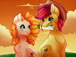 Size: 1024x769 | Tagged: safe, artist:hikariviny, derpibooru import, bright mac, pear butter, pony, the perfect pear, bouquet, brightbutter, cute, female, flower, flower in mouth, male, mouth hold, shipping, straight