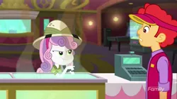 Size: 1280x720 | Tagged: safe, derpibooru import, screencap, sweetie belle, eqg summertime shorts, equestria girls, the canterlot movie club, background human, cinema, discovery family logo, eating, hat