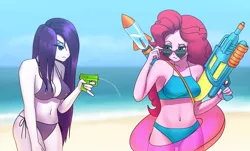 Size: 1228x743 | Tagged: suggestive, artist:agaberu, derpibooru import, pinkie pie, rarity, equestria girls, :3, beach, beach babe, belly button, bikini, blue swimsuit, breasts, busty pinkie pie, busty rarity, clothes, duo, duo female, female, hair over one eye, purple swimsuit, side-tie bikini, smiling, string bikini, sunglasses, swimsuit, water, watergun, wet hair