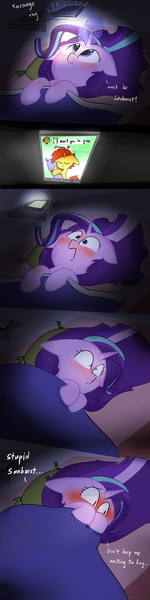 Size: 1000x4000 | Tagged: safe, artist:zouyugi, derpibooru import, starlight glimmer, sunburst, pony, unicorn, bed, blushing, book, comic, dream, female, flirting, male, mobile phone, phone, pillow, shipping, shy, sleeping, smartphone, starburst, straight, taiwan