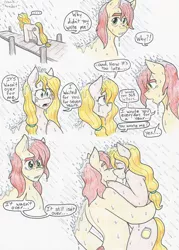 Size: 4601x6439 | Tagged: safe, artist:flicker-show, derpibooru import, bright mac, pear butter, earth pony, pony, the perfect pear, absurd resolution, brightbutter, dialogue, female, kissing, male, mare, rain, shipping, speech bubble, stallion, straight, the notebook, traditional art, wet mane