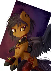 Size: 2300x3208 | Tagged: safe, artist:silvia-zero, derpibooru import, oc, oc:whirlwind dust, unofficial characters only, bat pony, pony, vampire, vampony, artificial wings, augmented, choker, clock, clothes, collar, commission, female, gears, harness, lace, makeup, mechanical wing, socks, solo, sparkly mane, sparks, steampunk, tack, thigh highs, watch, wings, ych result