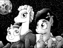Size: 1280x962 | Tagged: safe, artist:drakefenwick, derpibooru import, doctor whooves, time turner, ponified, earth pony, pony, unicorn, bill potts, black and white, doctor who, eyebrows, grayscale, matt lucas, monochrome, moon, nardole, night, night sky, pearl mackie, peter capaldi, sky, twelfth doctor