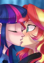 Size: 700x1000 | Tagged: safe, artist:limreiart, derpibooru import, sunset shimmer, twilight sparkle, human, fanfic, fanfic:long road to friendship, equestria girls, eyes closed, fanfic art, female, human coloration, humanized, kissing, lesbian, shipping, sunsetsparkle