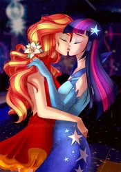 Size: 700x1000 | Tagged: safe, artist:limreiart, derpibooru import, sunset shimmer, twilight sparkle, human, fanfic, fanfic:long road to friendship, equestria girls, backless, blushing, clothes, dress, evening gloves, eyes closed, fanfic art, female, flower, flower in hair, gala dress, gloves, human coloration, humanized, kissing, lesbian, long gloves, shipping, sunsetsparkle