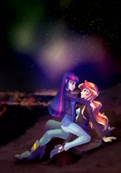 Size: 700x1000 | Tagged: safe, artist:limreiart, derpibooru import, sunset shimmer, twilight sparkle, human, fanfic, fanfic:long road to friendship, equestria girls, aurora borealis, fanfic art, female, hug, human coloration, humanized, lesbian, night, shipping, stars, sunsetsparkle